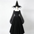 Dark Witch Square Neck Flared Long Dress with Bell Sleeves Vintage Formal Gown for Halloween Costume