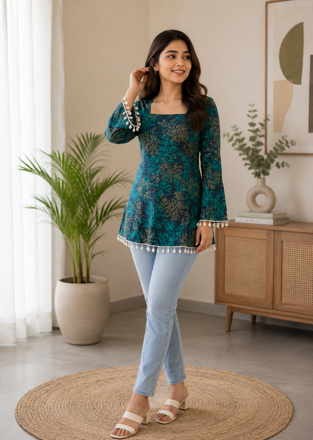 Women Teal Blue Floral Printed Square Neck Bell Sleeve Kurti Top