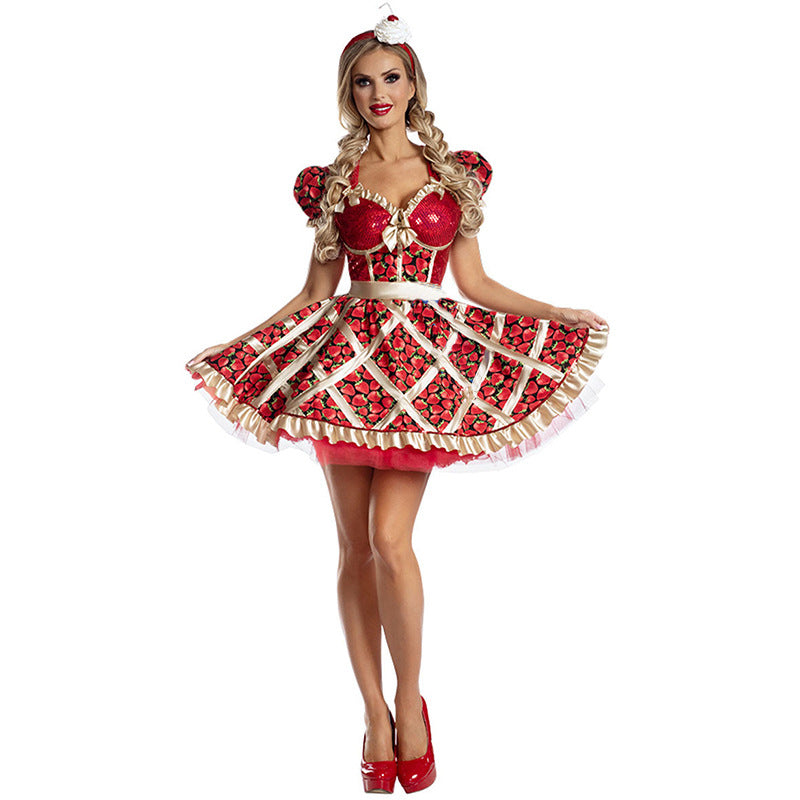 Halloween Strawberry Costume Dress Cosplay Outfit Stage Performance Dress Heart Queen Princess Uniform