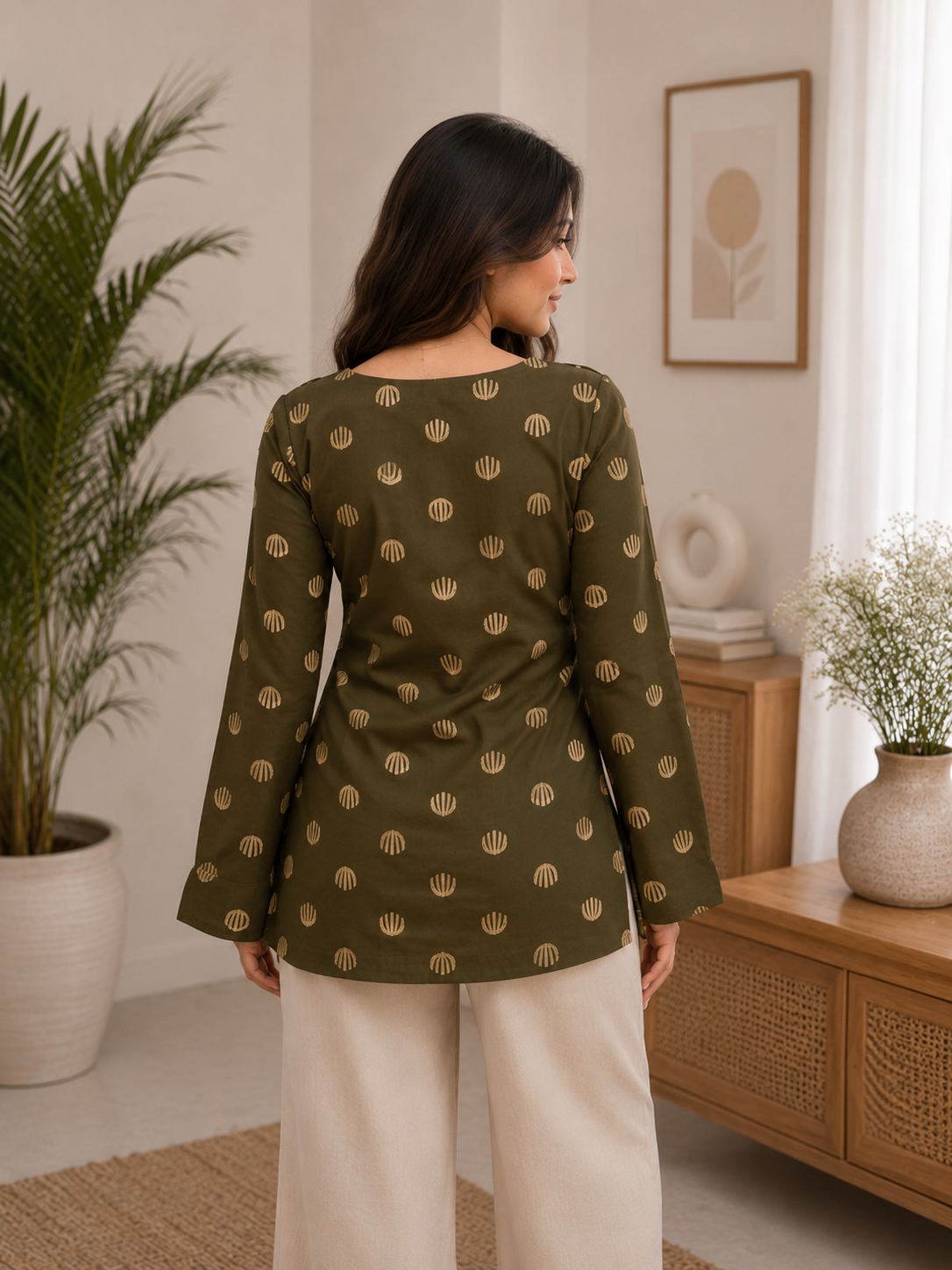 Trandy Olive Green Cotton Printed Short Kurti With Square Notch Kurti