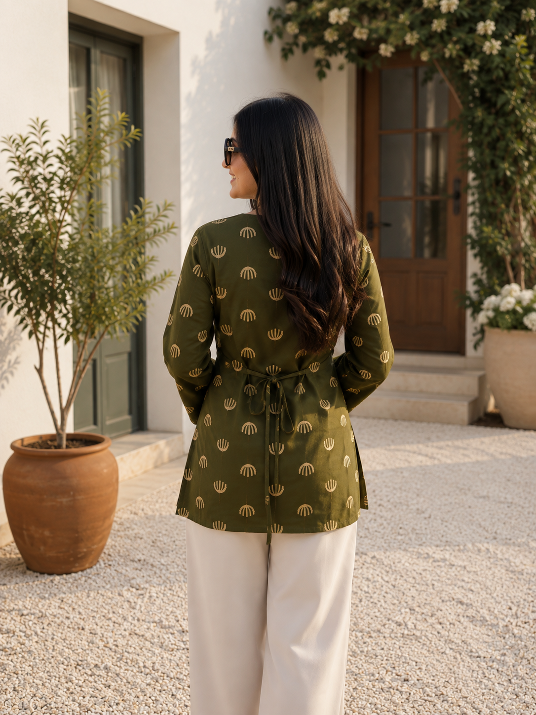 Trendy Olive Green Cotton Printed Short Kurti With Square Notch kurti