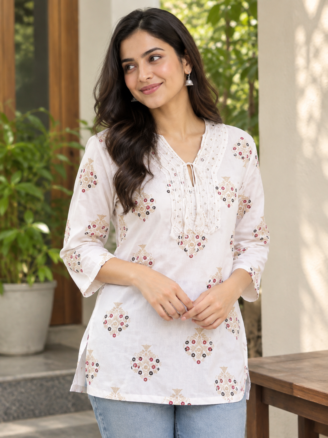 Preety Designer Short Kurti with 3/4 Sleeves & Beautiful Neck Net Ideal for Casual