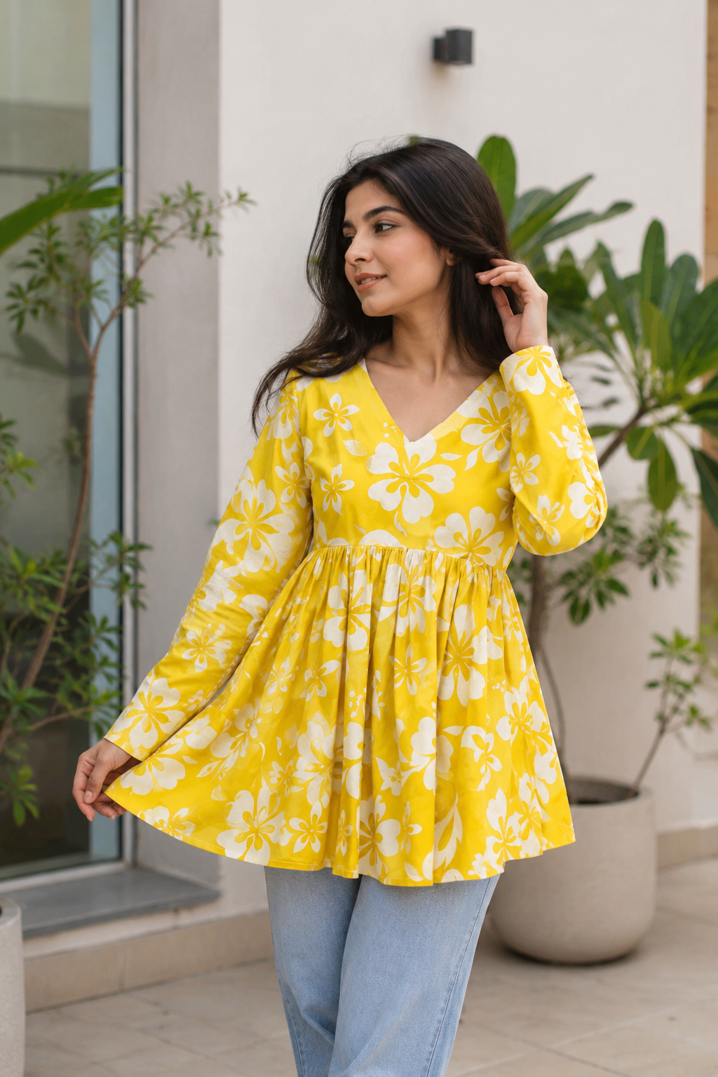 Stylish Women Yellow Floral Printed  Full Sleeves Peplum Top