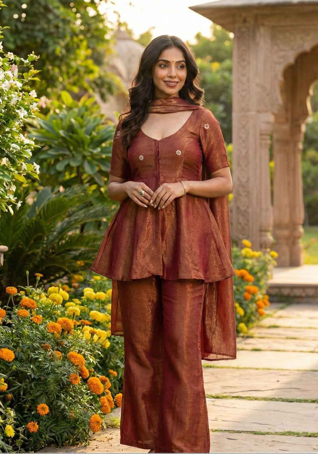 Rust Radiance Cosmos Tissue Peplum Co-Ord Set