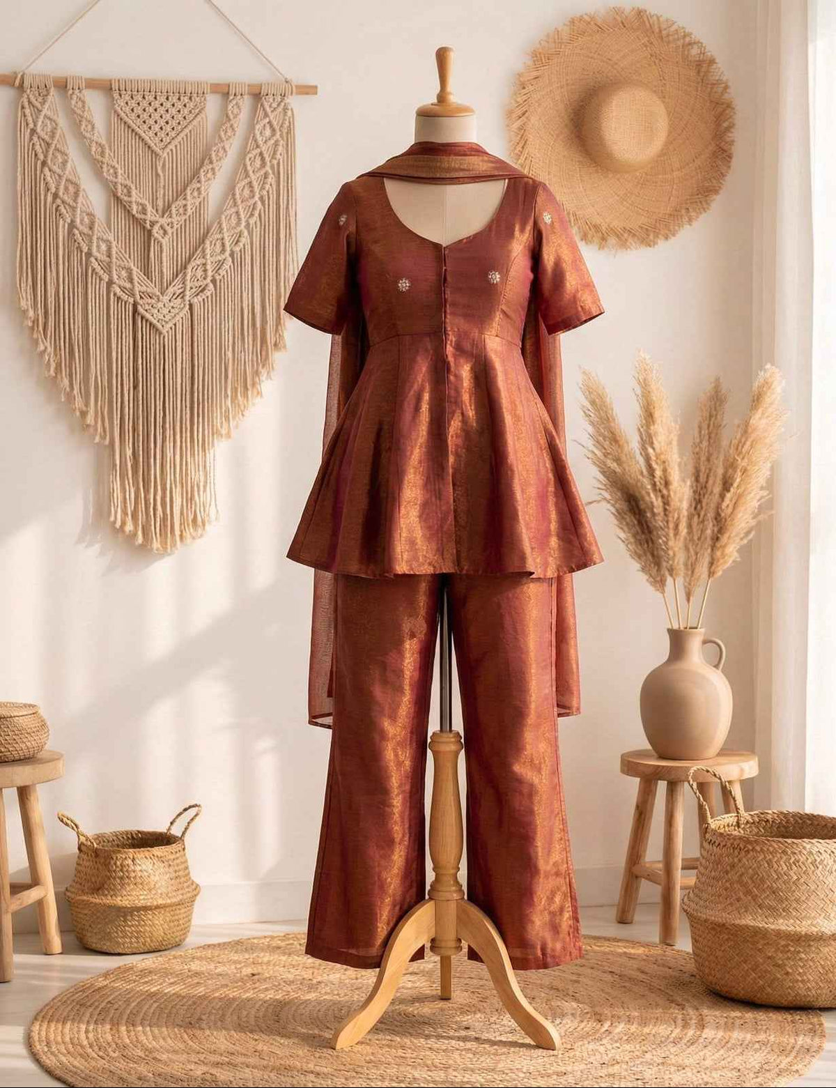 Rust Radiance Cosmos Tissue Peplum Co-Ord Set