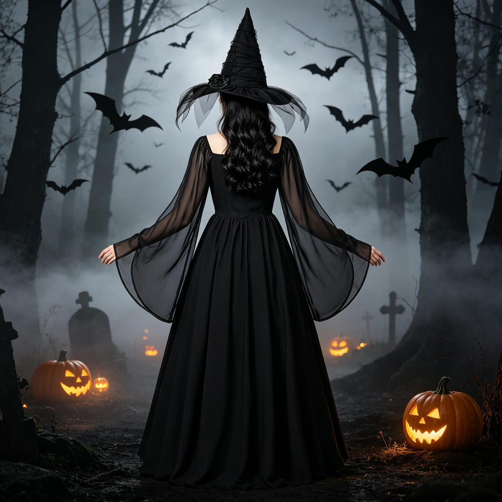 Dark Witch Square Neck Flared Long Dress with Bell Sleeves Vintage Formal Gown for Halloween Costume