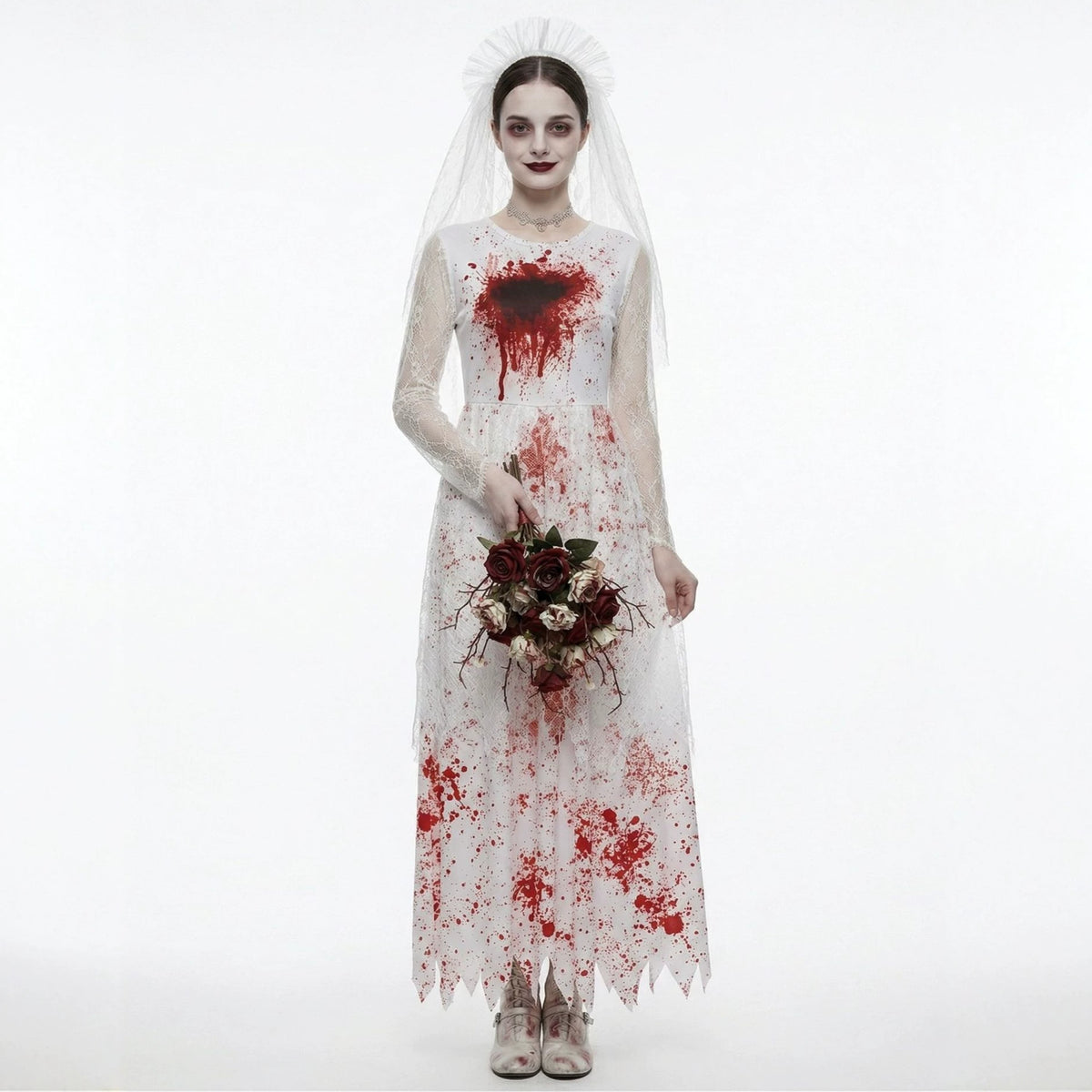 Halloween Dark Bloody Ghost Bride Cosplay Costume, Horror Blood-Stained Wedding Dress for Party and Stage Performance,