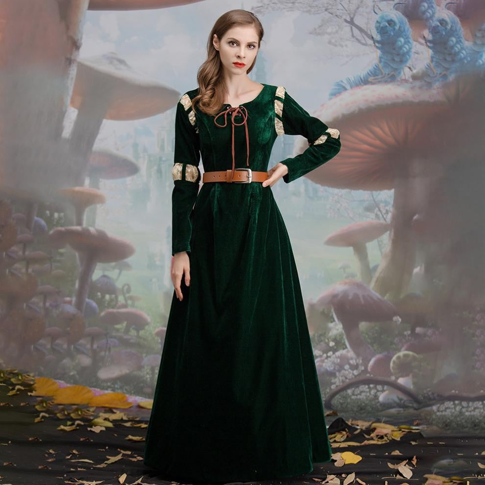 Halloween Brave Story Character Merida Women's Green Vintage Royal Long Dress Cosplay Costume