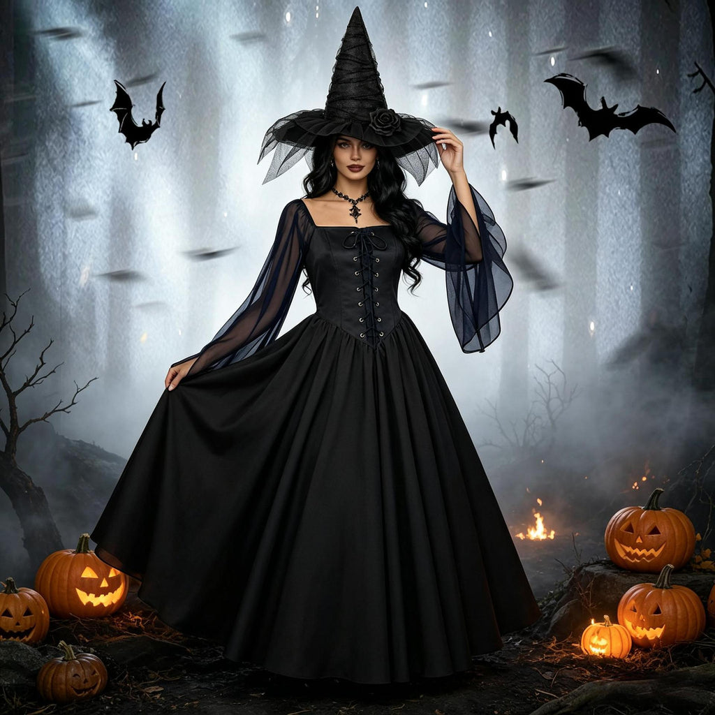 Dark Witch Square Neck Flared Long Dress with Bell Sleeves Vintage Formal Gown for Halloween Costume