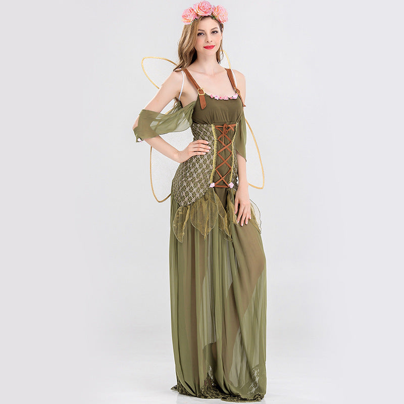 Halloween Wizard of Oz Magic Fairy Elf Princess Flower Fairy Long Dress Angel Costume Stage Elf Performance Costume